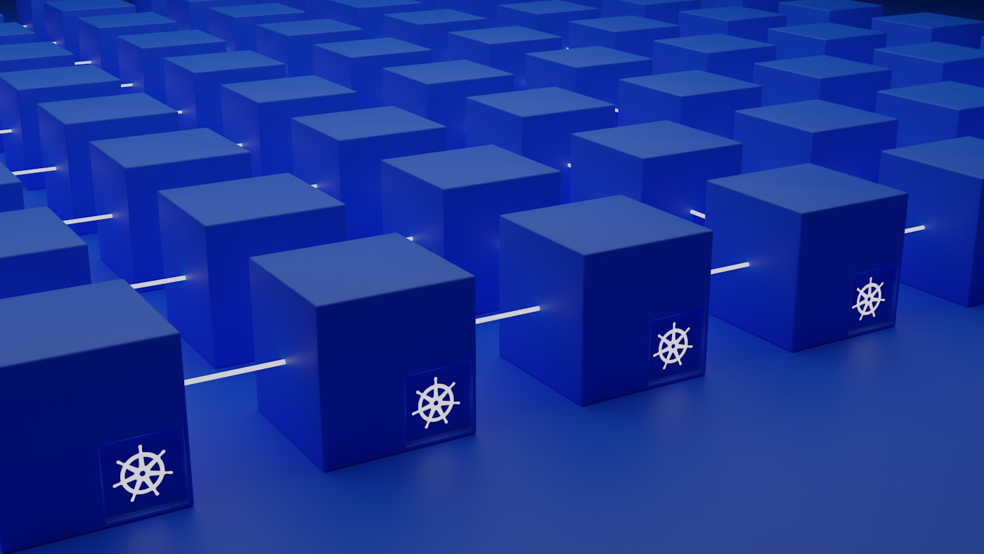 Abstract visualisation of Kubernetes infrastructure, servers, databases and container orchestration in blue tones